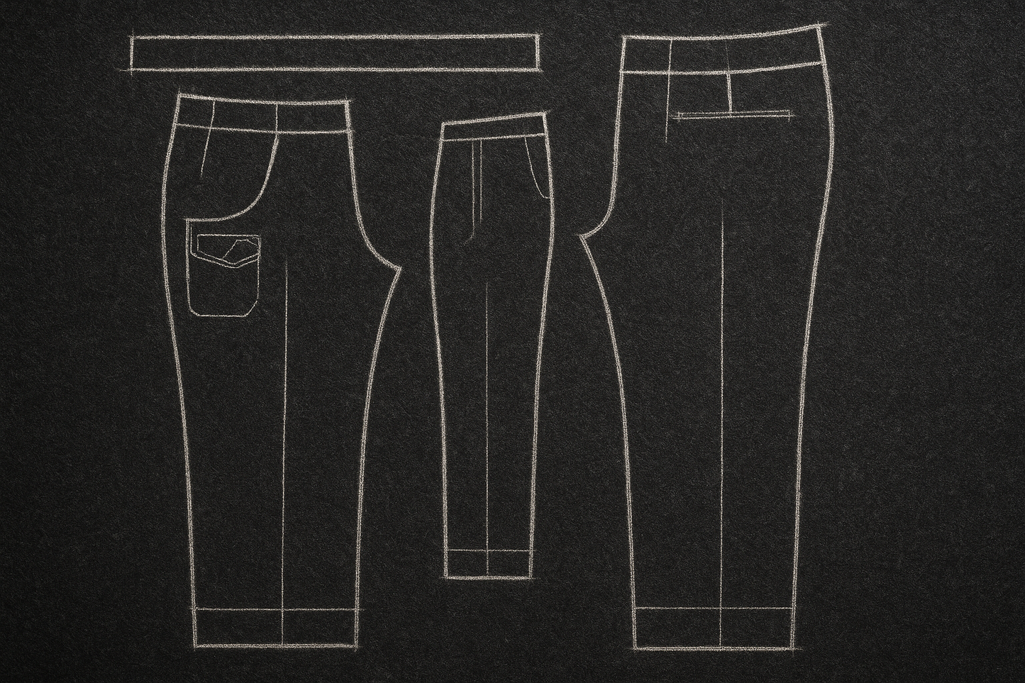disegno di un cartamodello di un pantalone realizzato con gesso bianco su un tessuto di lana