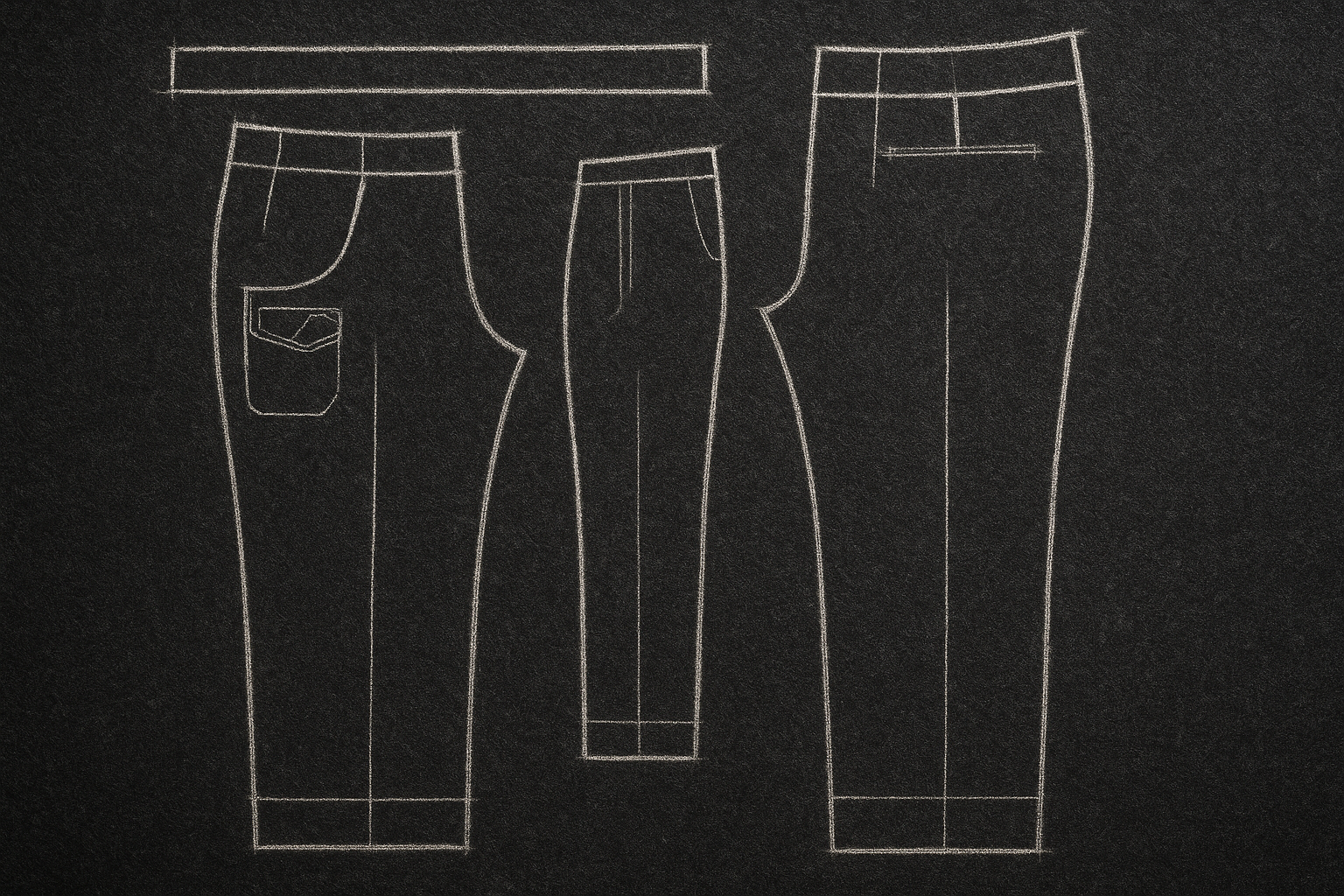 disegno di un cartamodello di un pantalone realizzato con gesso bianco su un tessuto di lana