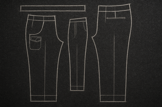 disegno di un cartamodello di un pantalone realizzato con gesso bianco su un tessuto di lana